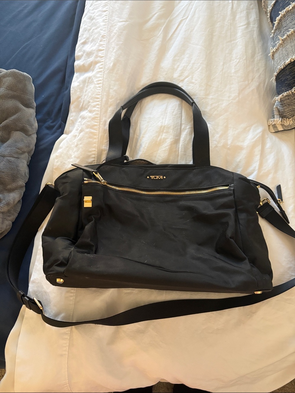 Tumi Black Nylon Tote with Beige Interior and Gold Hardware